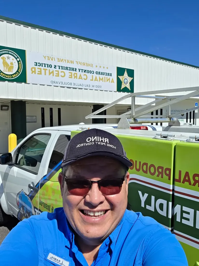 Rhino Pest Management owner on the job in a company truck at the Brevard County Animal Care Center